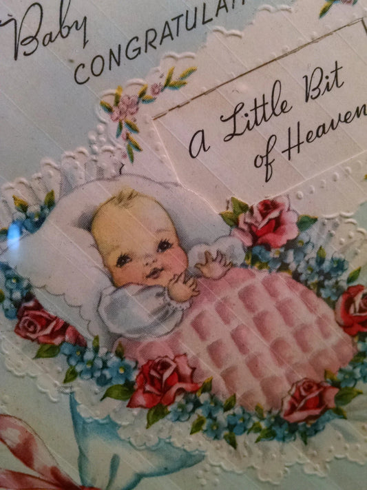 Vintage New Baby Greeting Card Framed in Pink