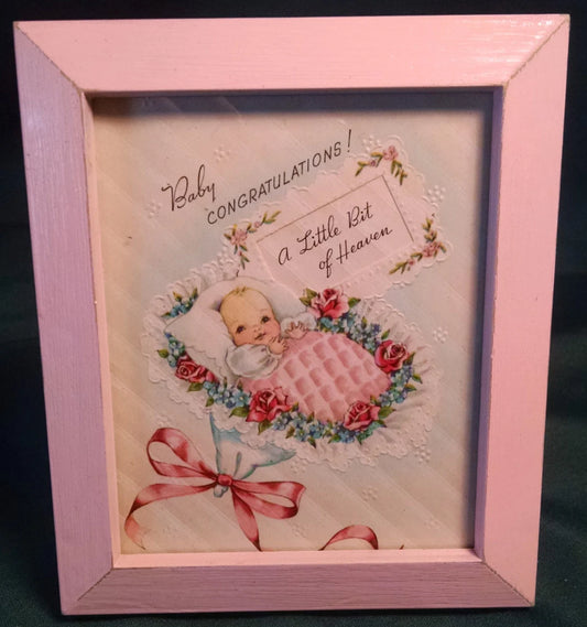 Vintage New Baby Greeting Card Framed in Pink
