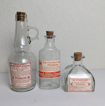 Vintage Antique Style Poison Drug Store Bottles - Denatured Alcohol, Cresolis Comp. and Silver Nitrate Labels