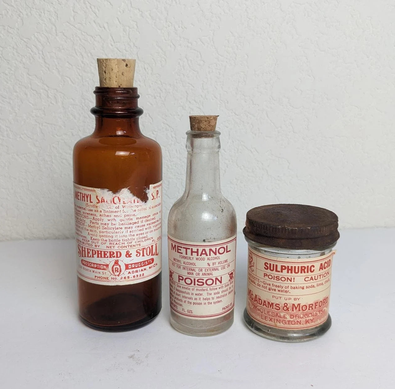 Vintage Antique Style Poison Drug Store Bottles - Methyl Salicylate, Methanol and Sulphiric Acid Labels