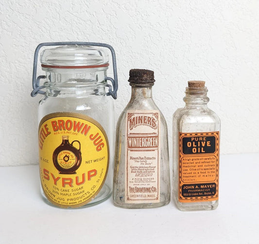 Vintage Antique Style Kitchen Bottles - Olive Oil, Syrup & Wintergreen Extract Labels