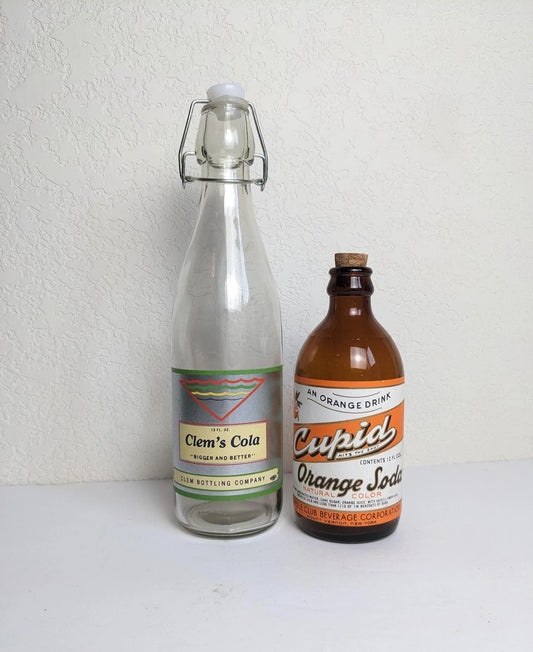 Vintage Antique Style Soda Bottles - Authentic Clem's Cola and Cupid Orange Soda Labels