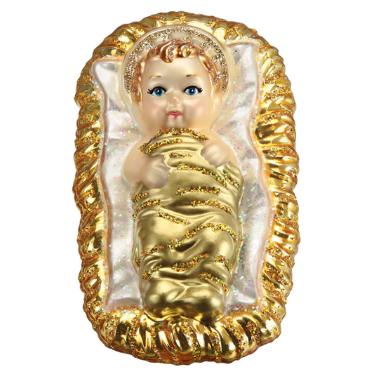 Baby Jesus in Manger Blown Glass Clip-on Tree Ornament by Old World Christmas