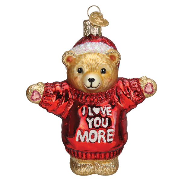 I Love You More Blown Glass Teddy Bear in Santa Hat Ornament by Old World Christmas