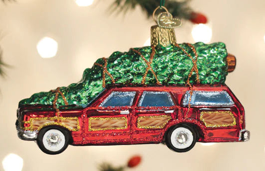 Old World Christmas Wood Paneled Station Wagon with Holiday Tree Glass Ornament
