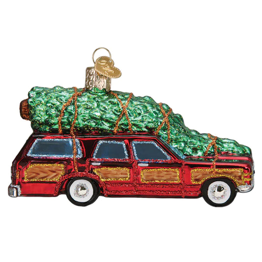 Old World Christmas Wood Paneled Station Wagon with Holiday Tree Glass Ornament