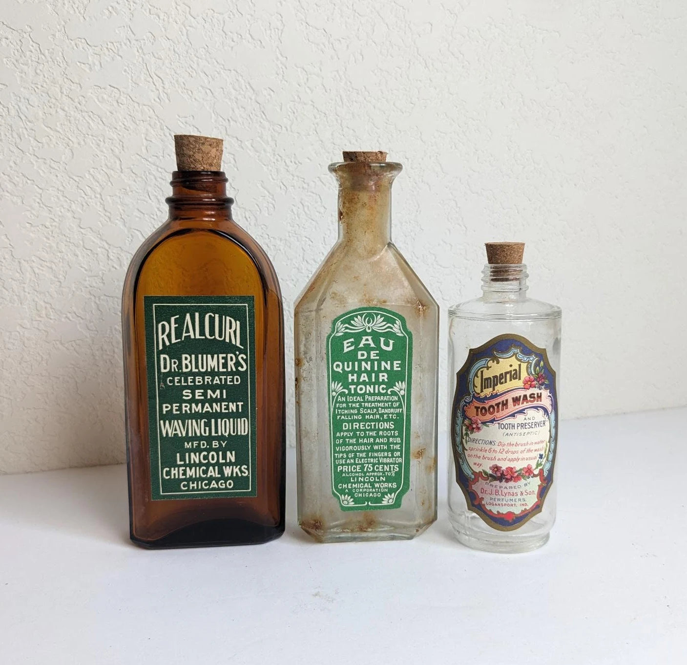 Vintage Antique Bathroom Style Bottles - Waving Liquid, Tooth Wash and Hair Tonic Labels