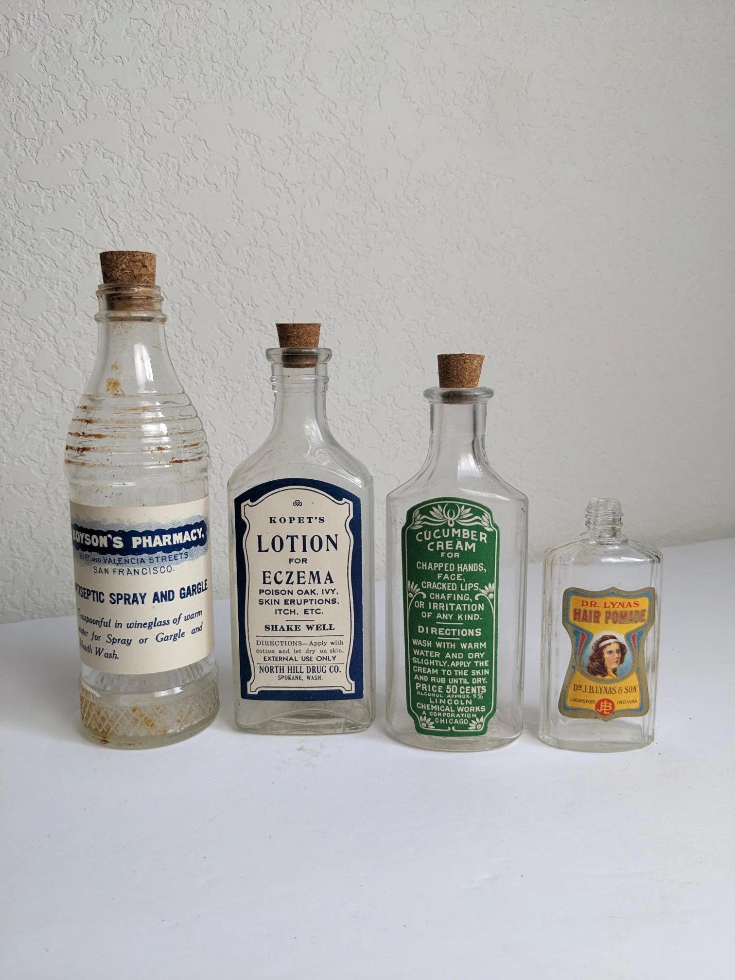 Vintage Antique Style Bottles - Antiseptic Spray and Gargle, Lotion for Eczema, Cucumber Cream and Hair Pomade Labels