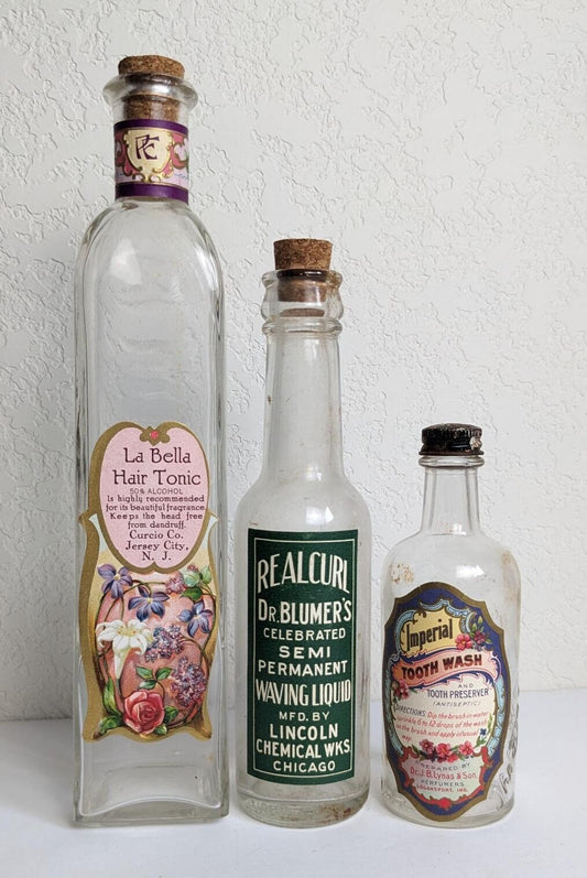 Vintage Antique Style Bottles - Hair Tonic, Waving Liquid and Tooth Wash Labels