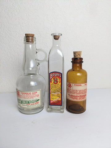 Vintage Antique Style Bottles - Authentic Carbolic Acid, Oil Polish and Poison Labels