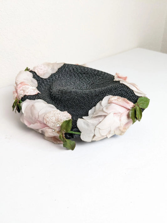 Vintage Black Woven Hat with Veil & Flower Petals Fascinator Hat