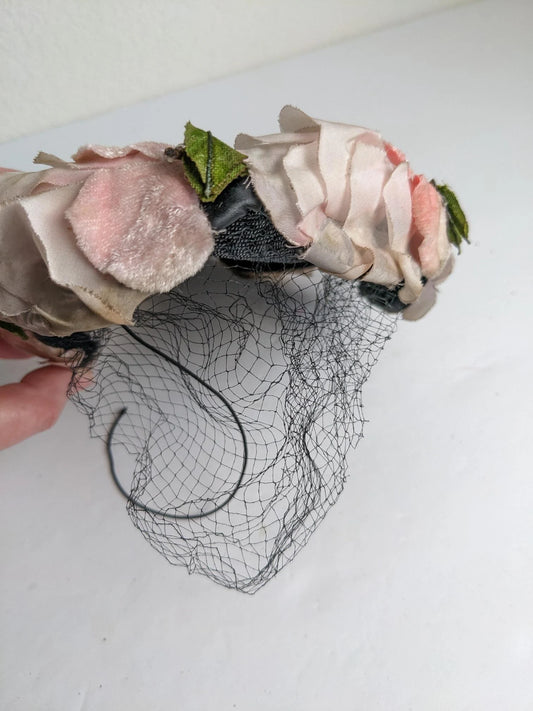 Vintage Black Woven Hat with Veil & Flower Petals Fascinator Hat