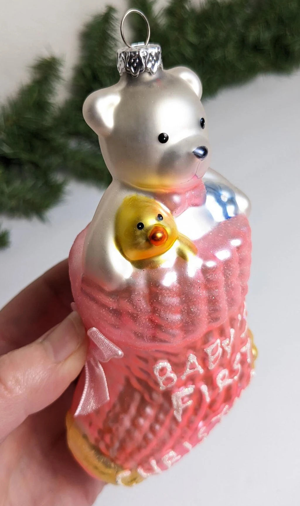 Glass Pink Stocking "Baby's First Christmas" Ornament