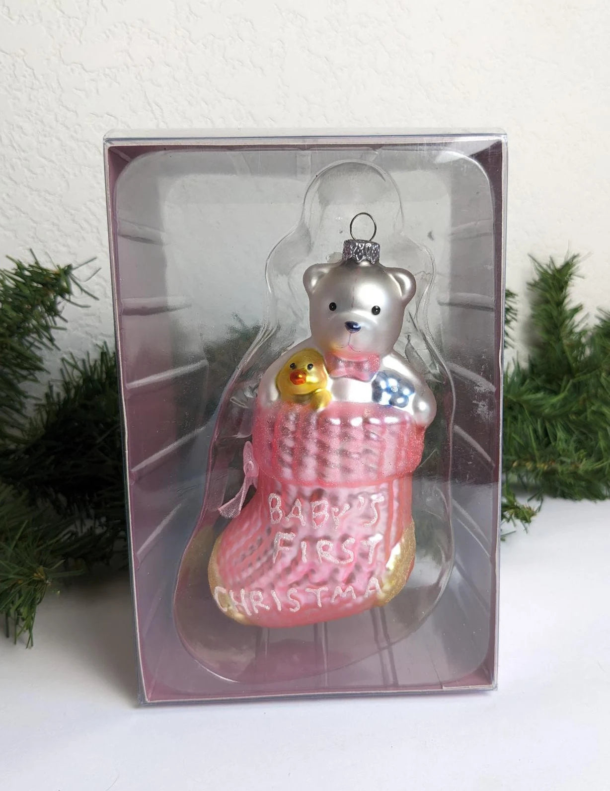 Glass Pink Stocking "Baby's First Christmas" Ornament