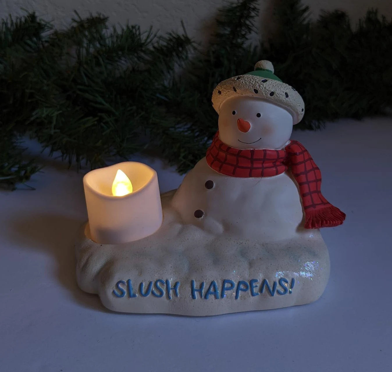 Vintage Slush Happens Melting Snowman Christmas Candle Holder