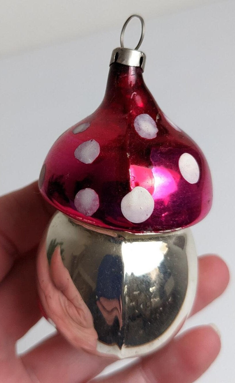 Glass Mushroom Christmas Ornament, made in Czechoslovakia