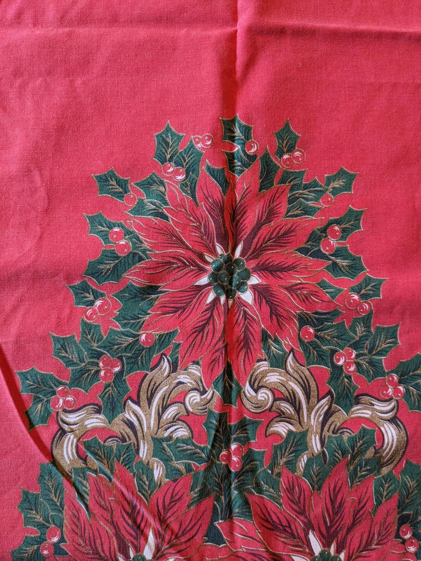 1970's Christmas Holly & Poinsettias Tablecloth