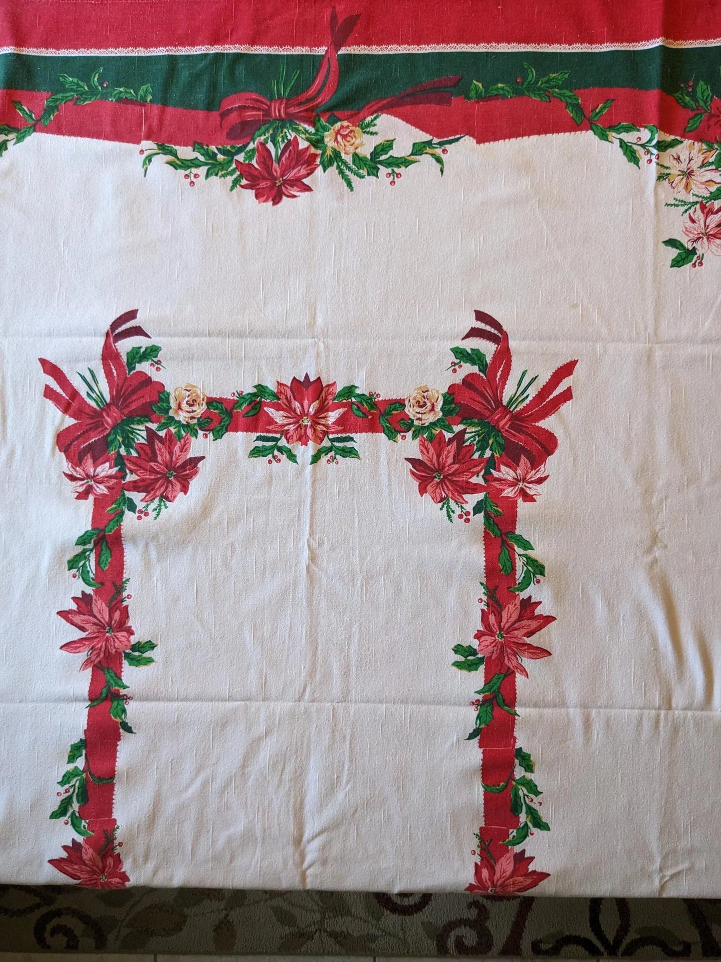 1970's Vintage Holly & Poinsettias Christmas Tablecloth