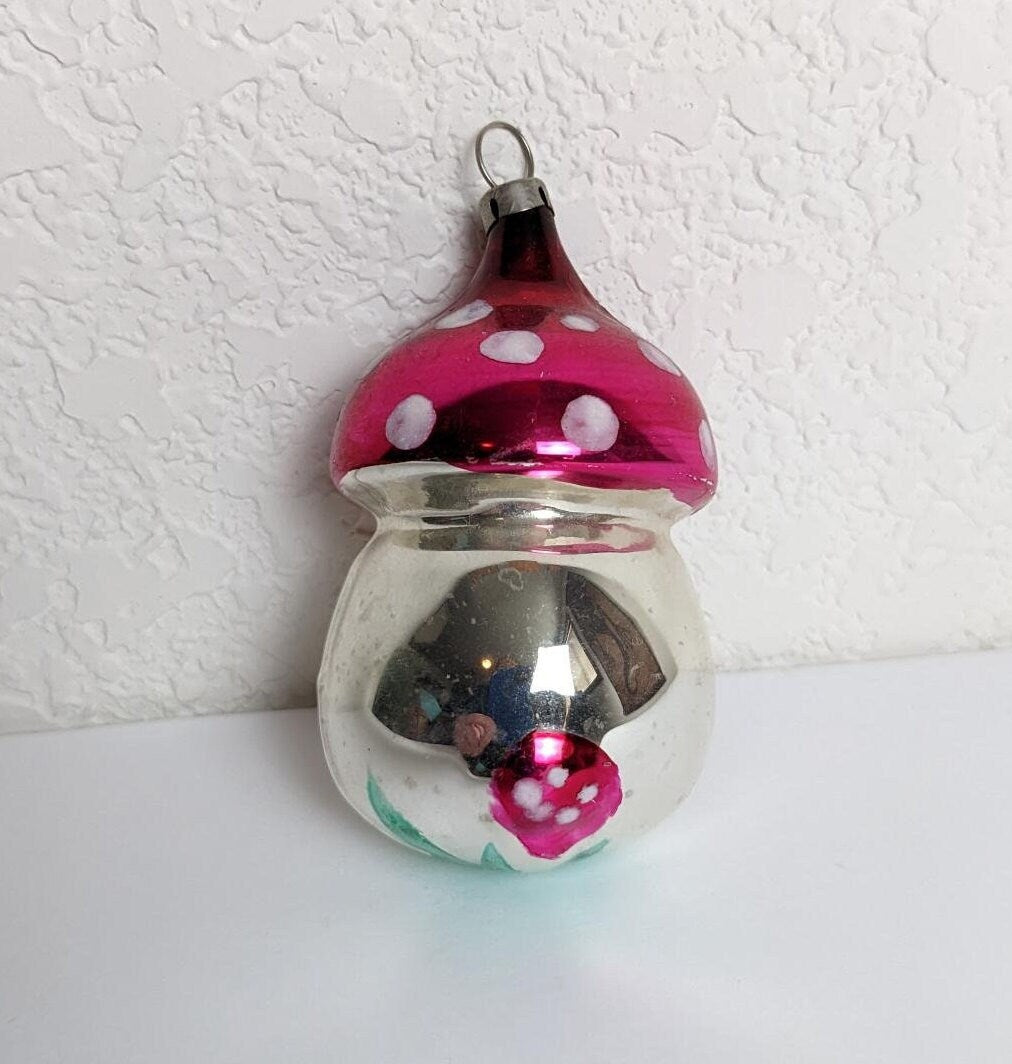 Glass Mushroom Christmas Ornament, made in Czechoslovakia