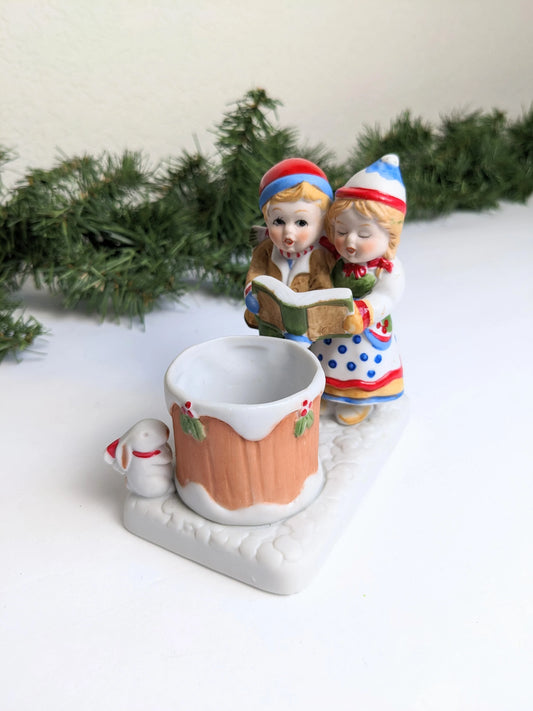 Vintage 1982 Caroling Couple Christmas Candle Holder