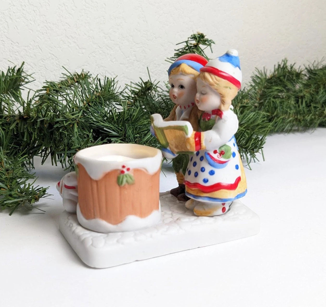 Vintage 1982 Caroling Couple Christmas Candle Holder