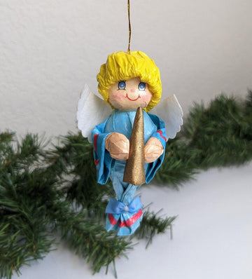 Vintage Papier Mache Angel with Horn Christmas Ornament