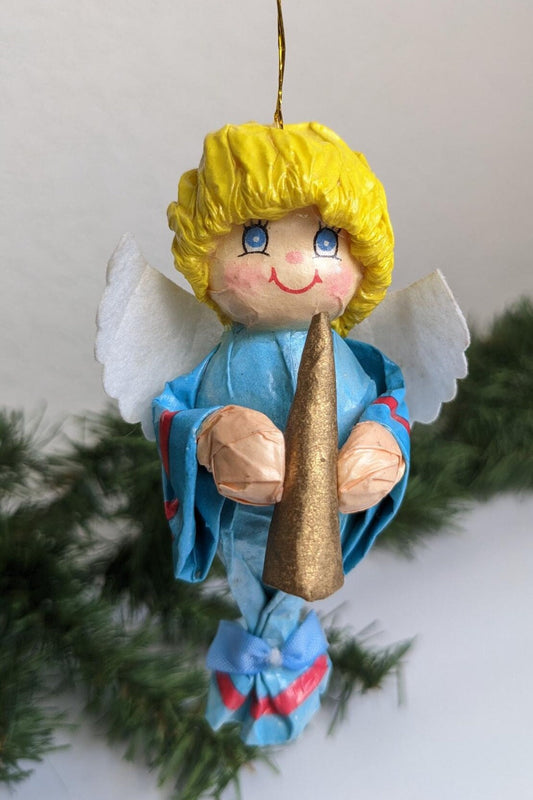 Vintage Papier Mache Angel with Horn Christmas Ornament