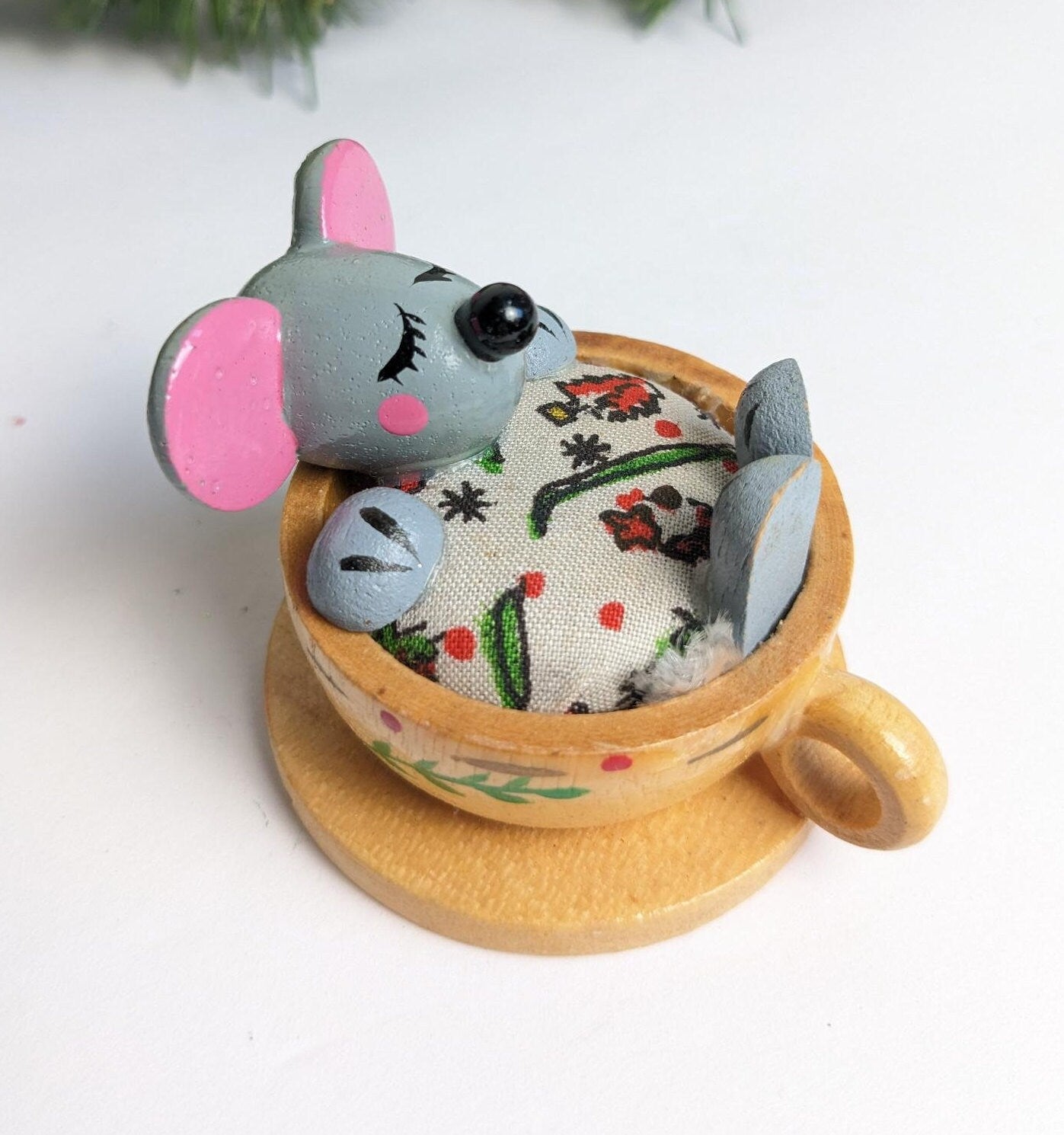 Vintage Mouse in Teacup Christmas Ornament