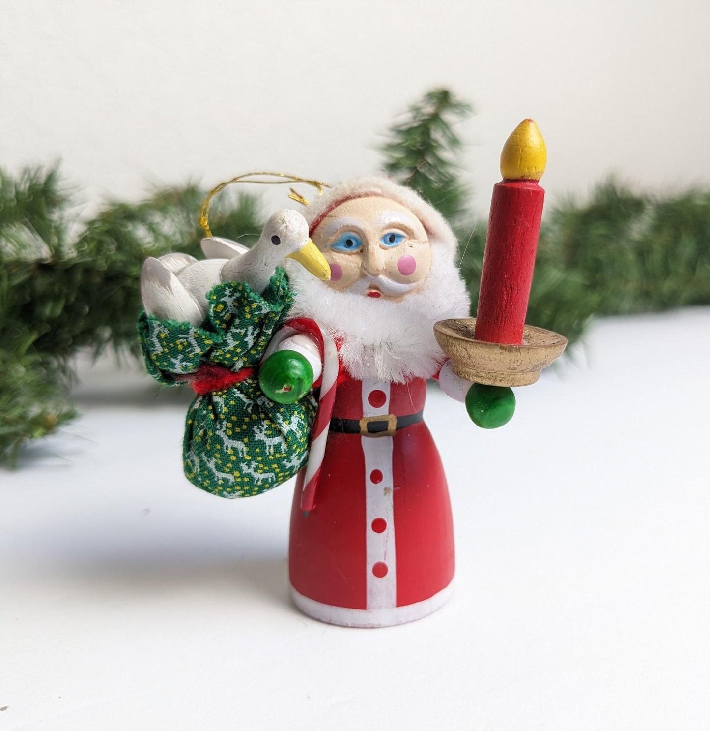 Vintage Wooden Santa Goose Candlestick Ornament