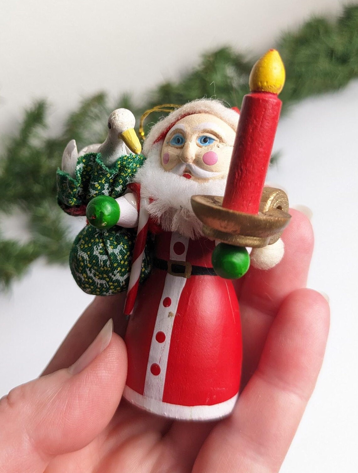 Vintage Wooden Santa Goose Candlestick Ornament