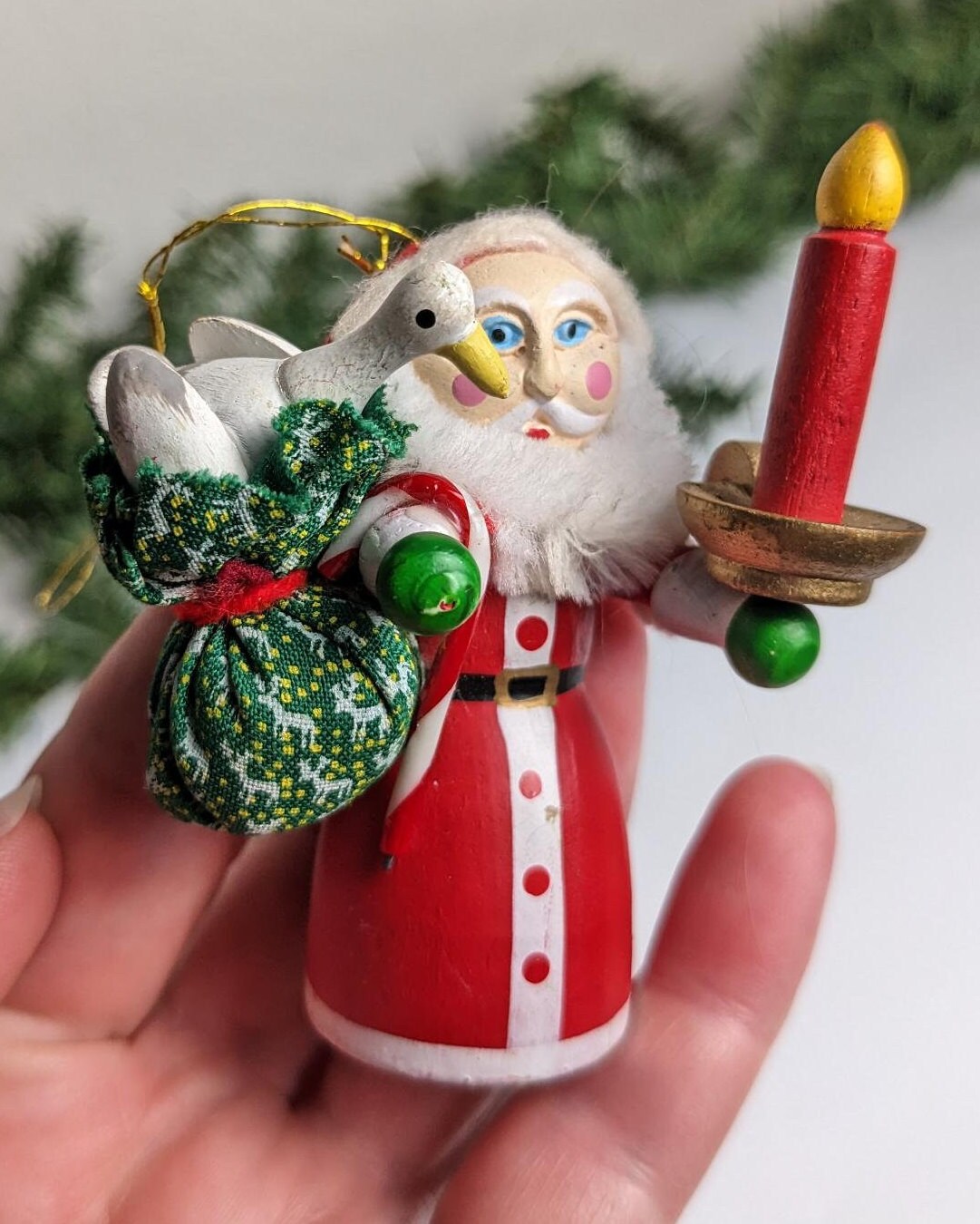 Vintage Wooden Santa Goose Candlestick Ornament