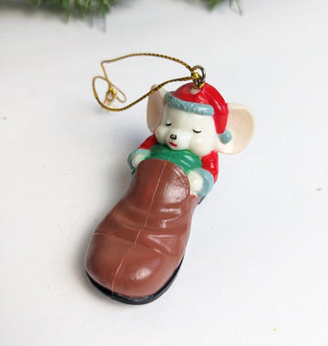 Sleeping Mouse in Shoe Christmas Ornament