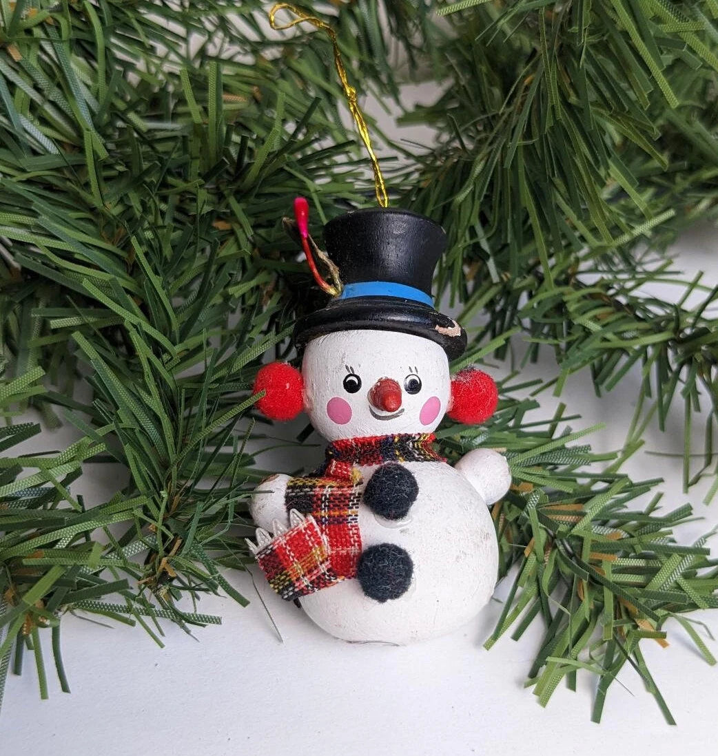 Vintage 1982 Wooden Snowman Christmas Ornament