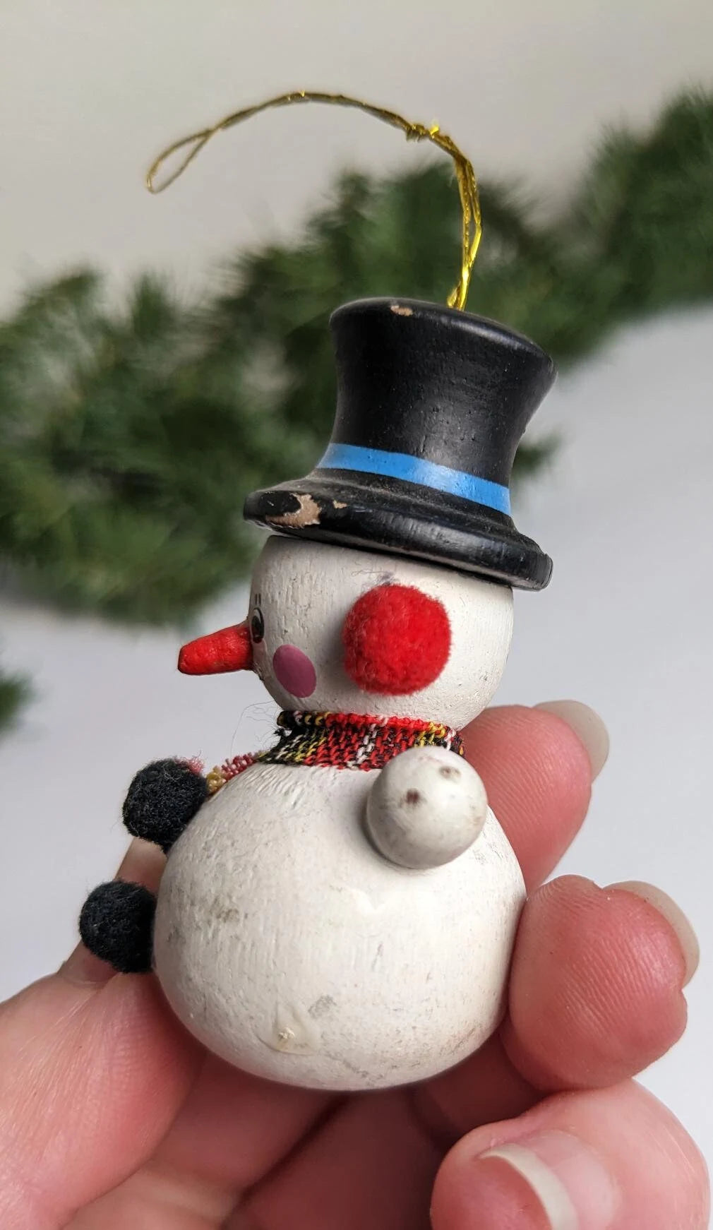 Vintage 1982 Wooden Snowman Christmas Ornament