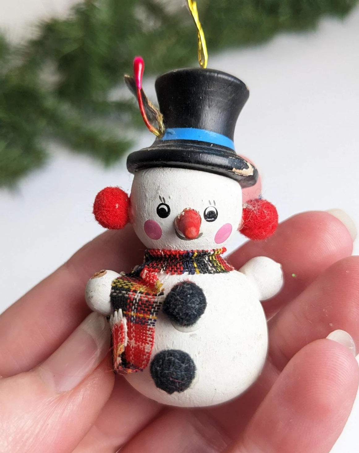 Vintage 1982 Wooden Snowman Christmas Ornament