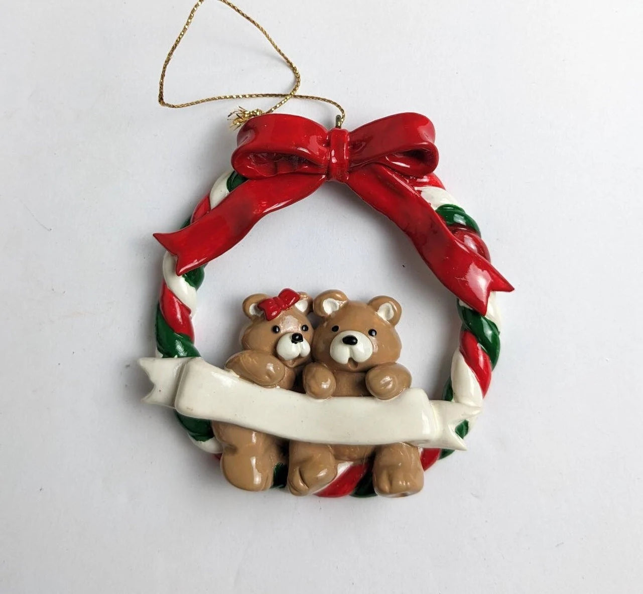 Christmas Bear Couple in a Wreath Ornament