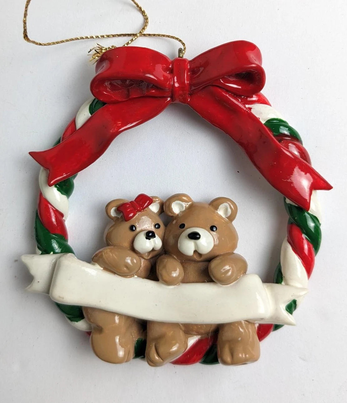 Christmas Bear Couple in a Wreath Ornament