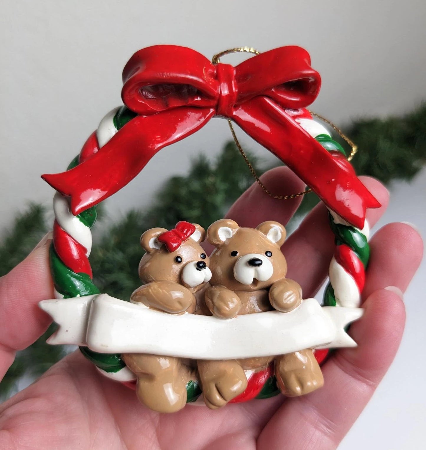 Christmas Bear Couple in a Wreath Ornament