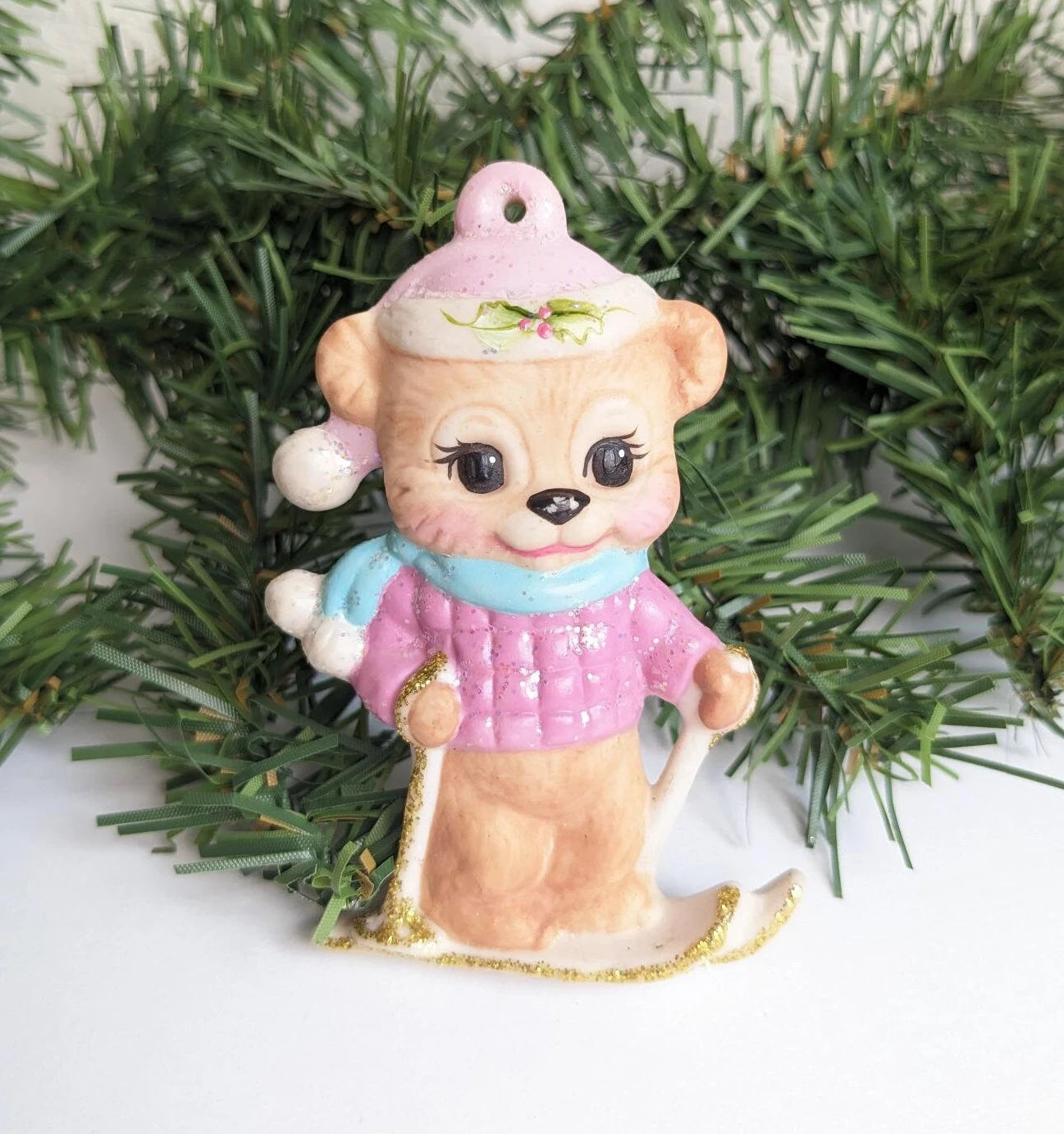 Ceramic Skiing Bear Christmas Ornament