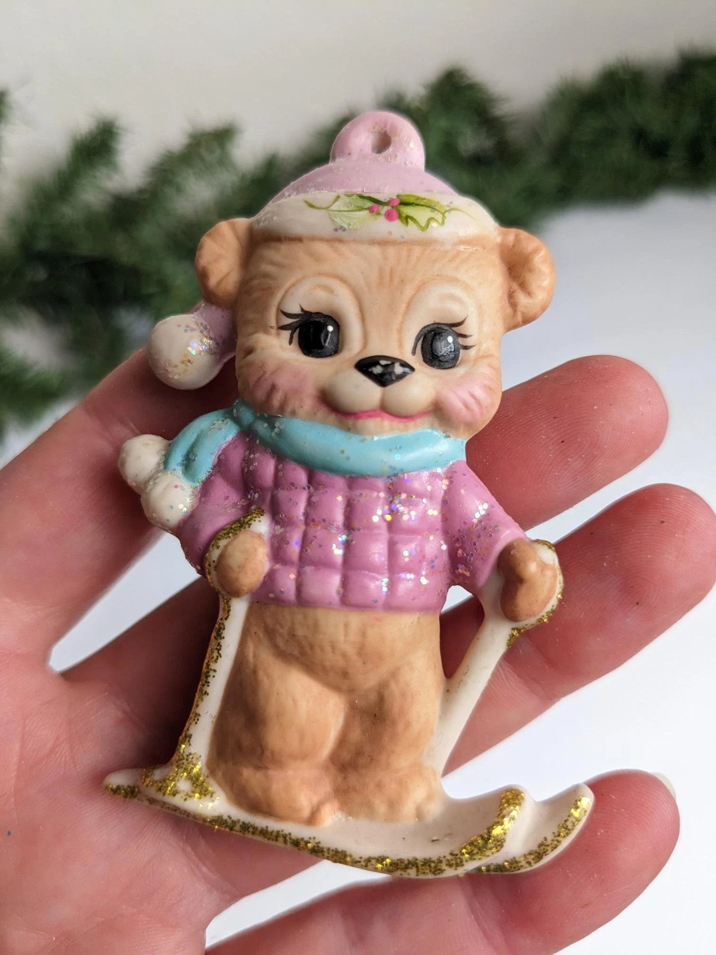 Ceramic Skiing Bear Christmas Ornament