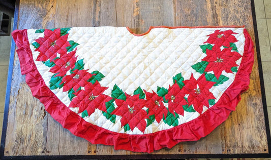 Vintage Quilted Poinsettia Christmas Tree Skirt
