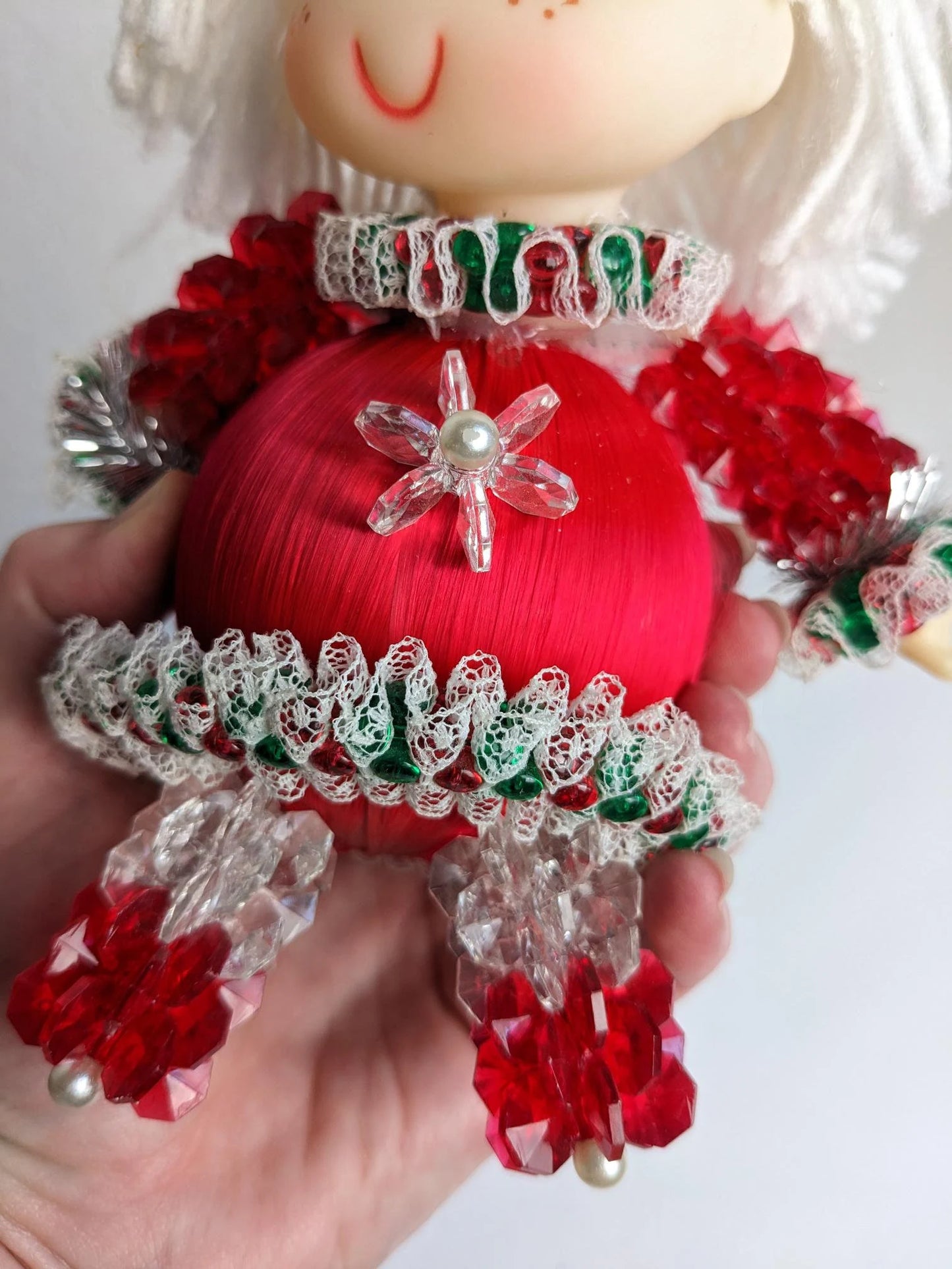 Vintage Beaded Satin Christmas Doll Ornament