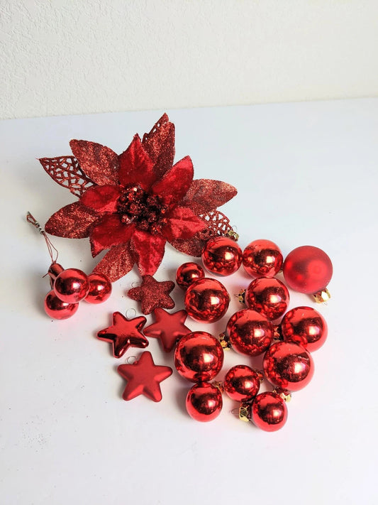 Red Mini Christmas Ornaments and Red Poinsettia Clip