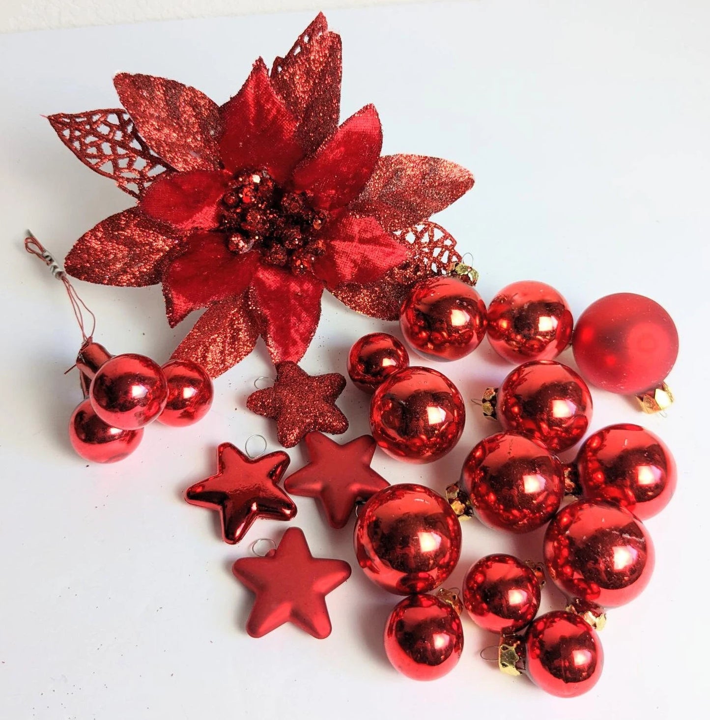 Red Mini Christmas Ornaments and Red Poinsettia Clip