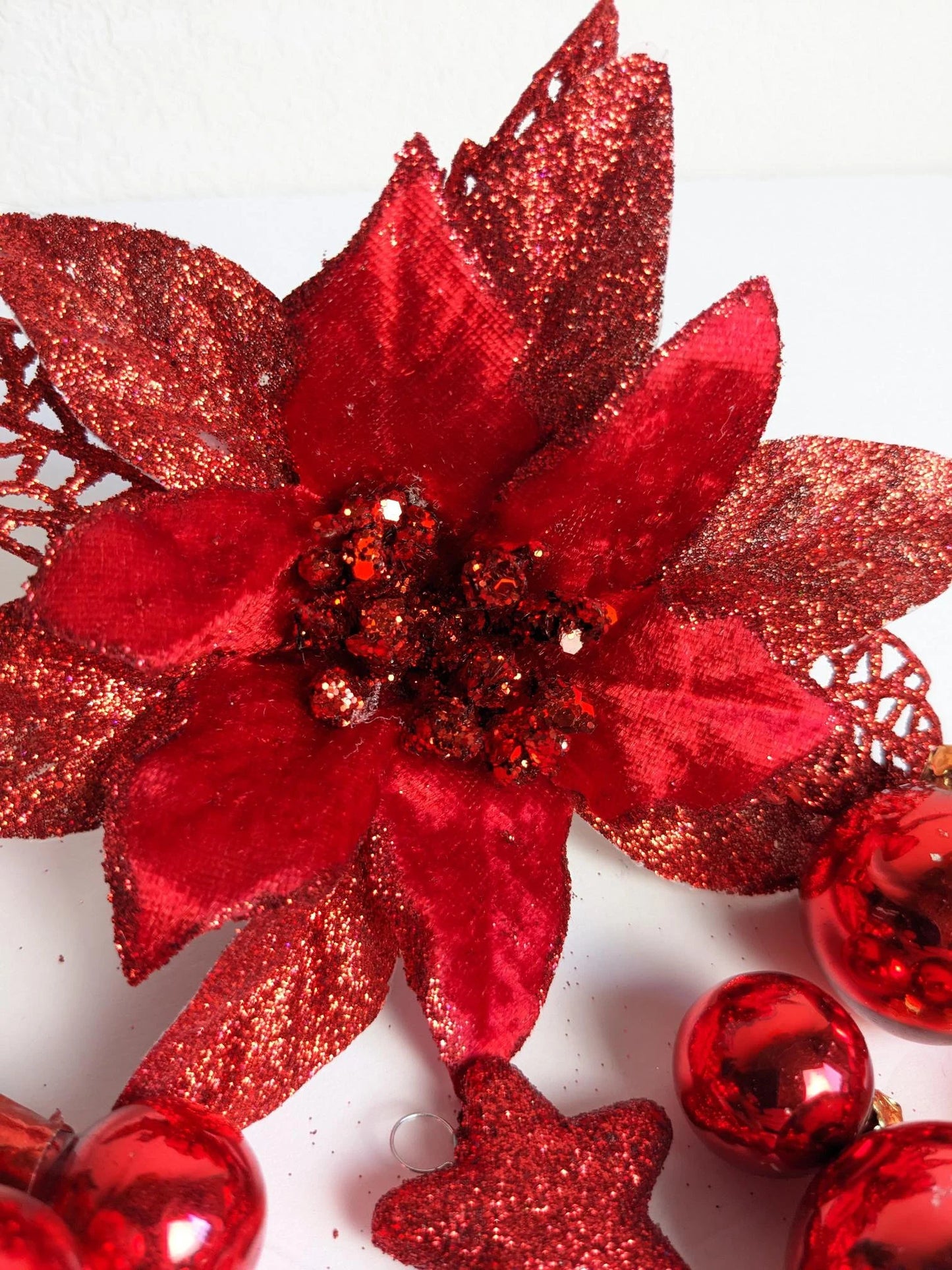 Red Mini Christmas Ornaments and Red Poinsettia Clip