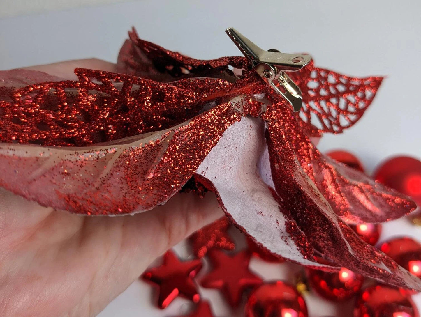 Red Mini Christmas Ornaments and Red Poinsettia Clip