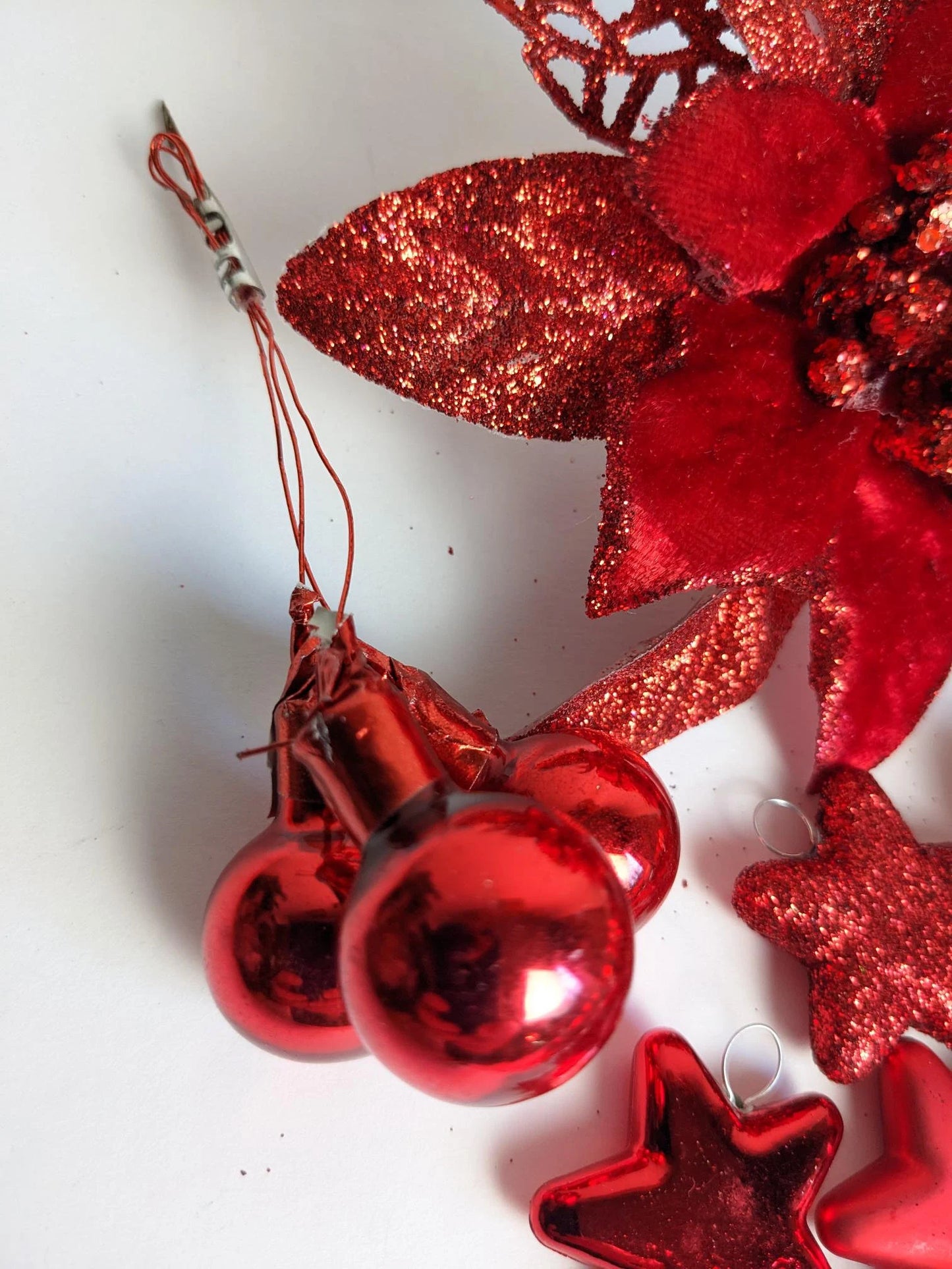 Red Mini Christmas Ornaments and Red Poinsettia Clip