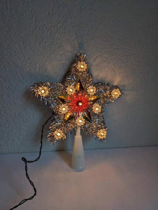 Vintage Light-Up Silver Tinsel Star Christmas Tree Topper