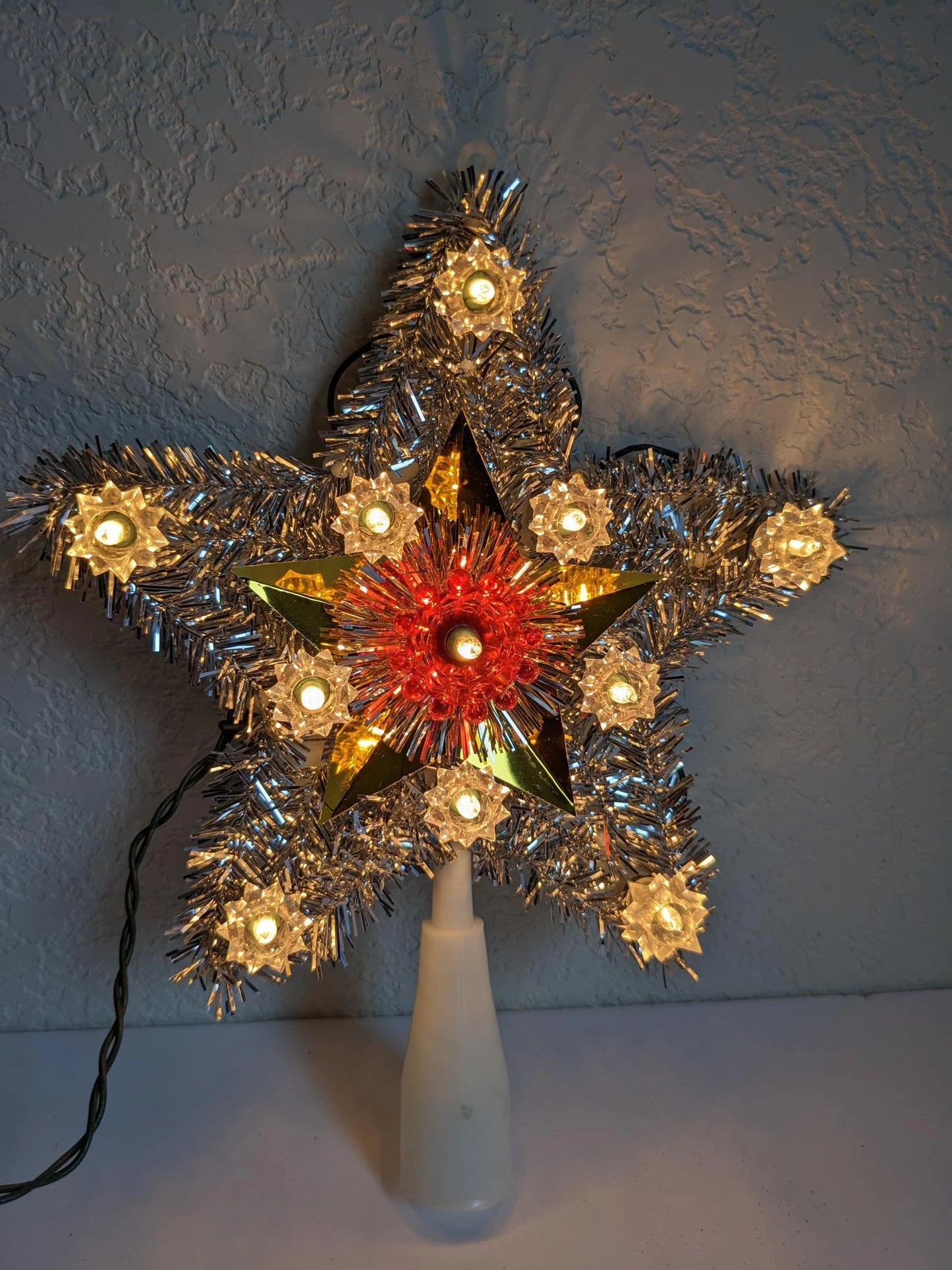 Vintage Light-Up Silver Tinsel Star Christmas Tree Topper