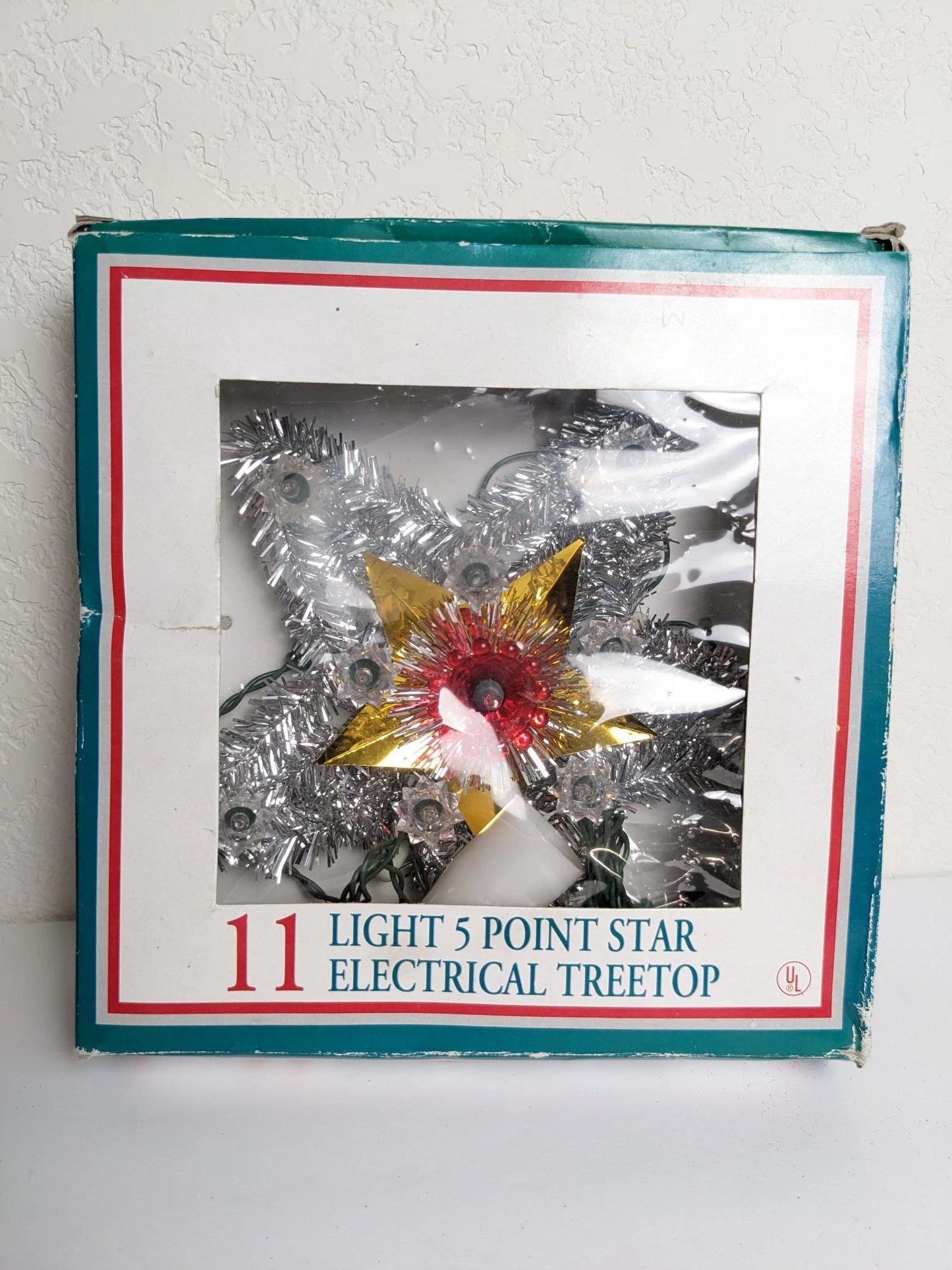 Vintage Light-Up Silver Tinsel Star Christmas Tree Topper